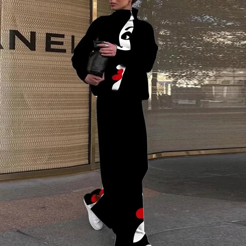 Casual Two Piece Outfits Graffiti Printing Sweatshirt Suits Women Streetwear Turtleneck Top + Wide Leg Pants Tracksuit 2 PC Sets
