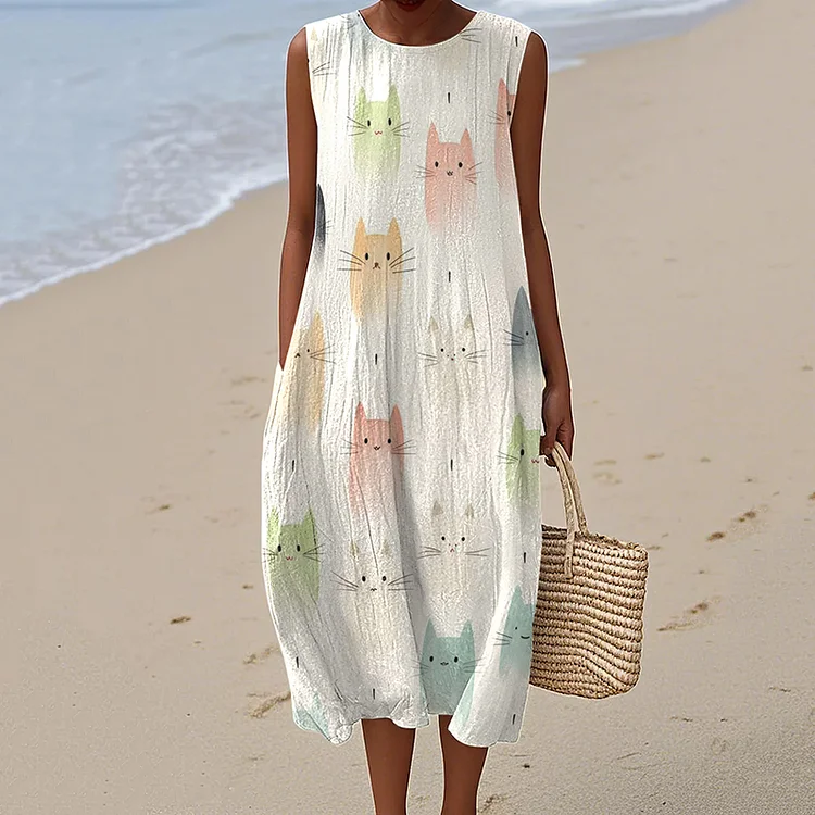 VChics Women's Vintage Cat's Abstract Gradient Art Linen Tank Midi Dress