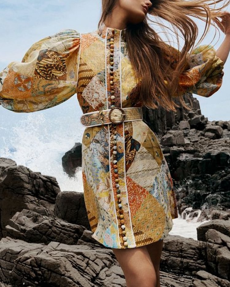 Printed Bubble Long Sleeve Midi Dress