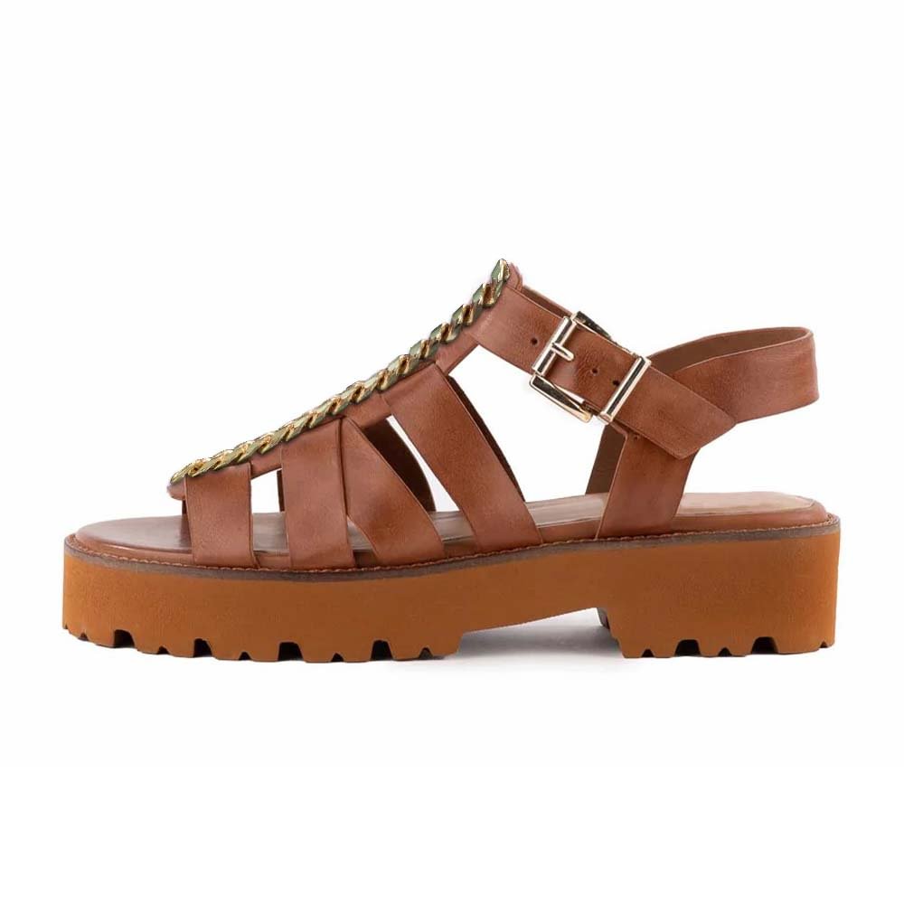 Brown Summer Leather Sandals With Chain Decor Flats Nicepairs