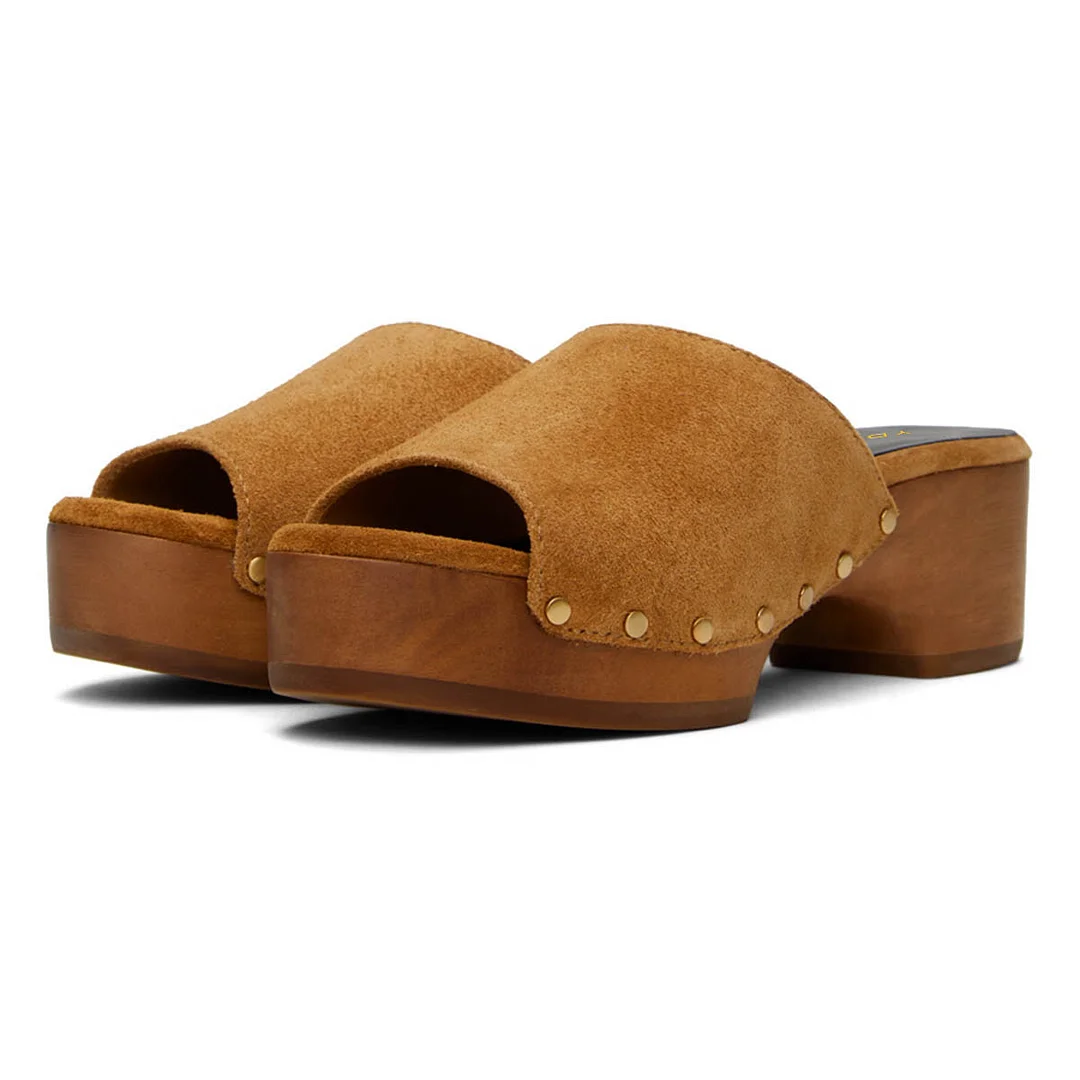 Tan Vegan Suede Chunky Heel Stud Decor Platform Slide Sandals