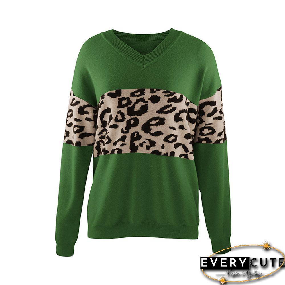 Green Splice Leopard Print V Neck Sweater
