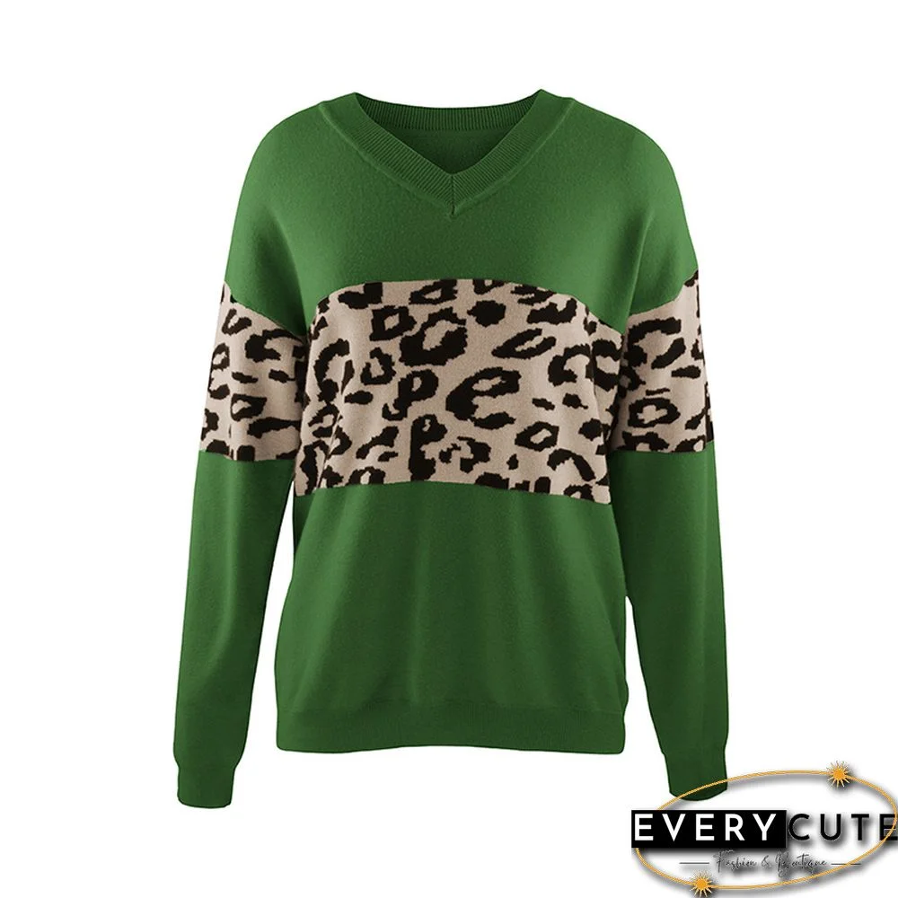 Green Splice Leopard Print V Neck Sweater