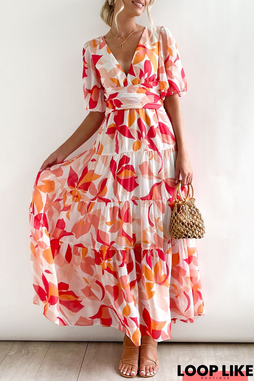 Red Floral Print Trimmed Short Puff Sleeve Mini Dress with Belt