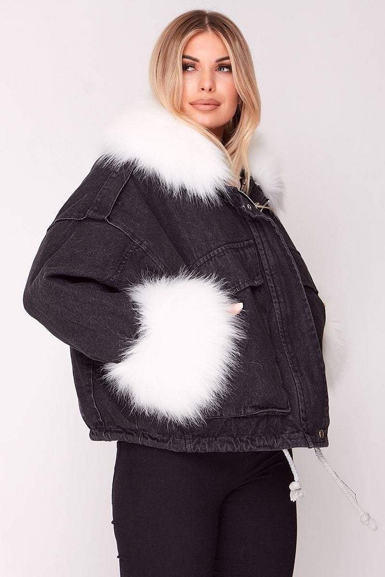 black denim faux fur jacket