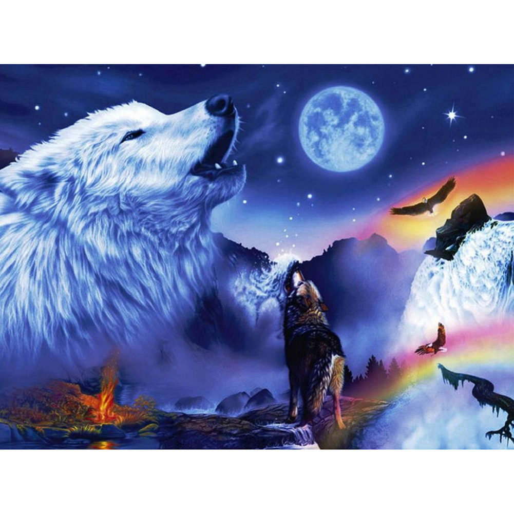 

40*30CM-Round Drill Diamond Painting-Wolf Howling Under the Moon, 501 Original