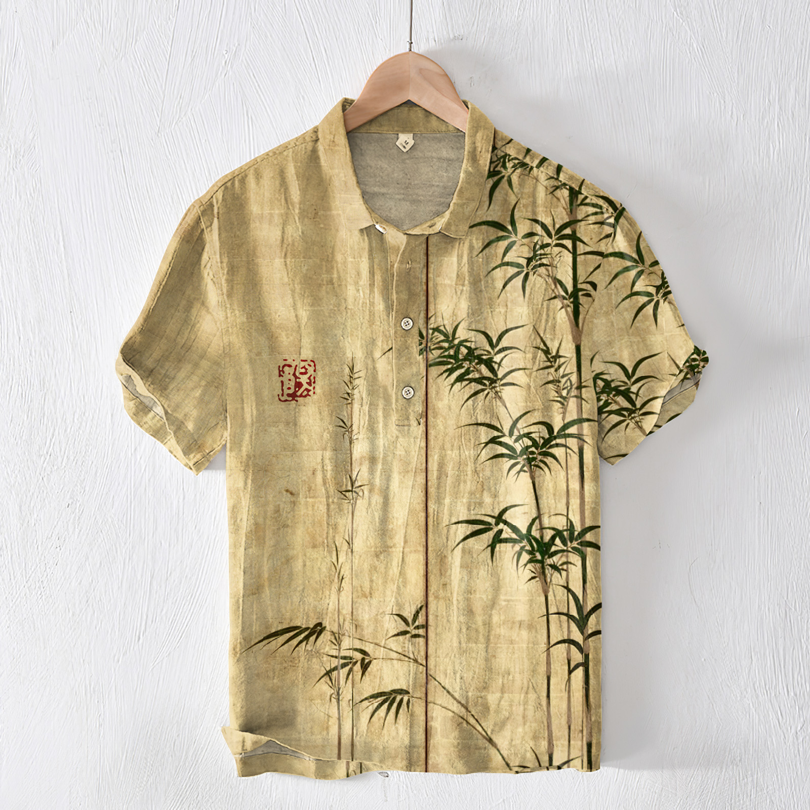 menweary Bamboo Japanese Art Linen Blend Lapel Cozy Shirt