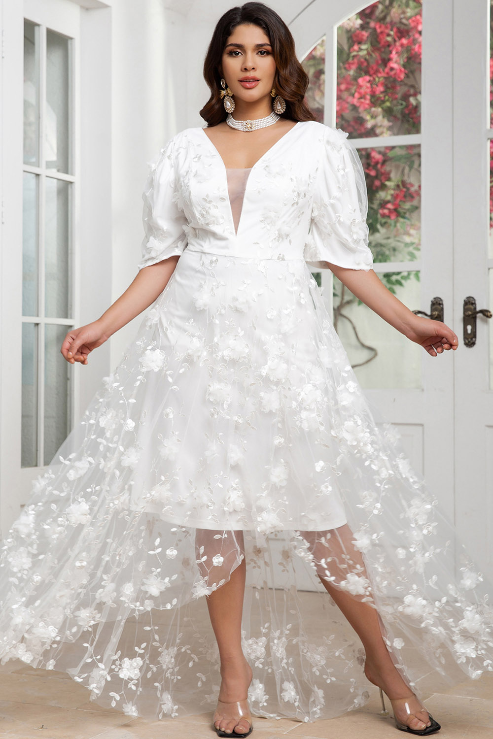 Plus Size Wedding White Mesh Embroidery Puff Sleeve Asymmetrical Hem Maxi Dress 2024 - Flycurvy 