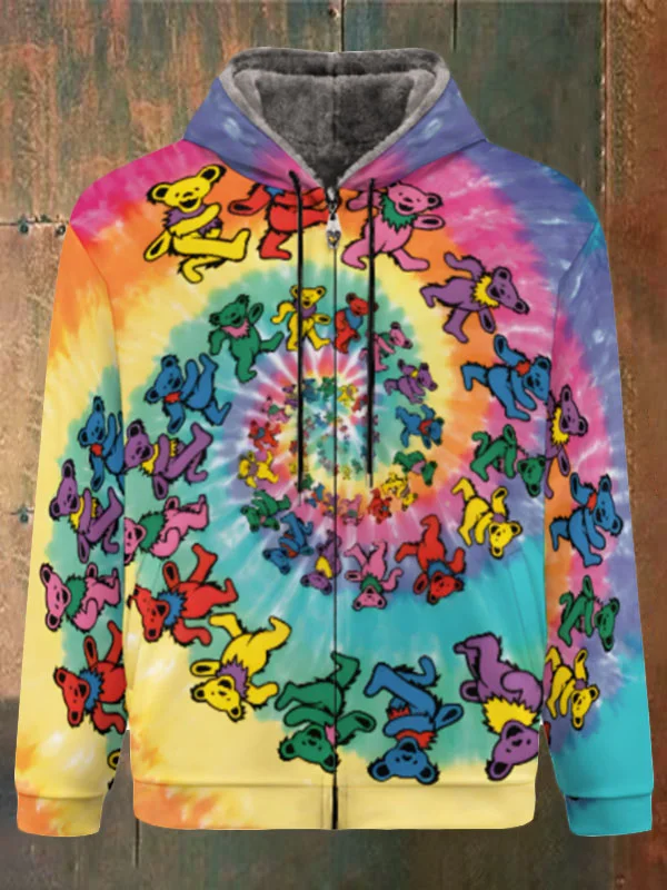 Unisex Bear Print Double Layer Fleece Zip-Up Hooded Jacket