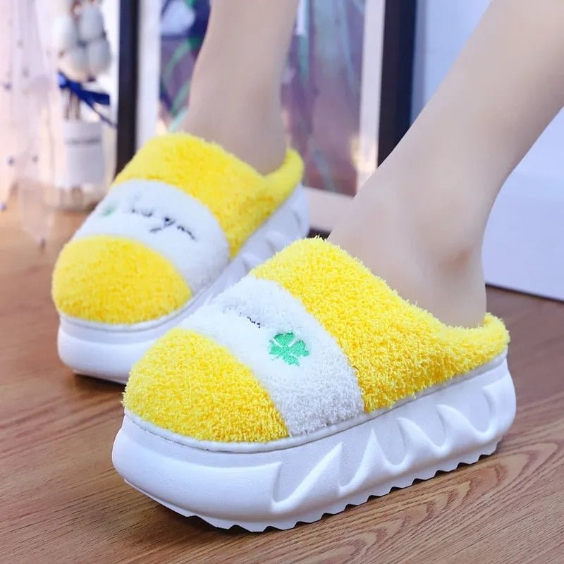 Green Leaf Thick Sole Furry Slippers Girls Indoor Outdoor Winter Slides Fuzzy Slippers Woman Platform Home Shoes Warm Slippers