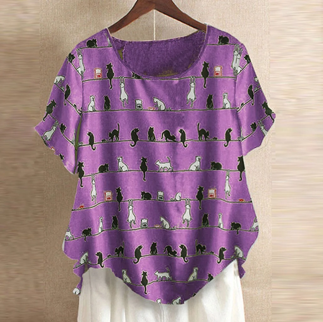 Plus Size Fashion Cotton Linen Blouse Shirt Cute Cat Print Tops Casual Summer Ladies Female Women Short Sleeve Blusas Pullover