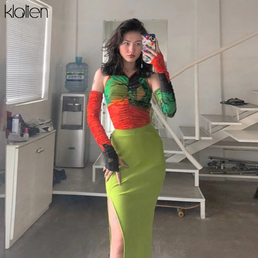 KLALIEN summer fashion kpop harajuku female T-shirt sexy colorful casual mesh t shirt soft skinny stretch basic top hot sale