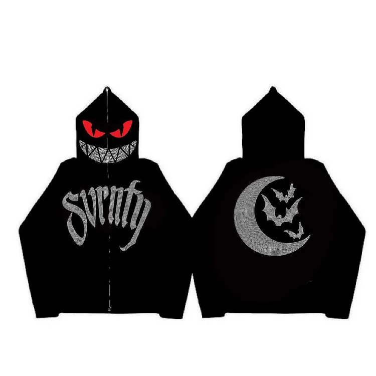 Demon Graphics Hoodie Rhinestones Y2k Jacket Goth Hip Hop Sweatshirt at Hiphopee