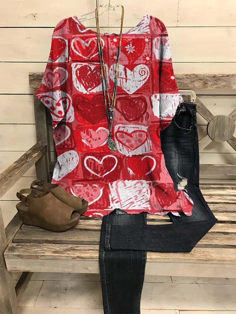 Women's Casual Red Love Printed Short Sleeve T-Shirt
