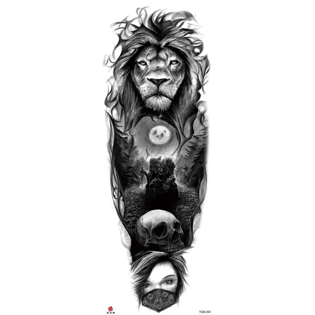 Full Arm Temporary Tattoo Wolf Lion Fish Horns Geometric Man Body Leg Rose Flower Phoenix Waterproof Sticker Cool Women Tatoo
