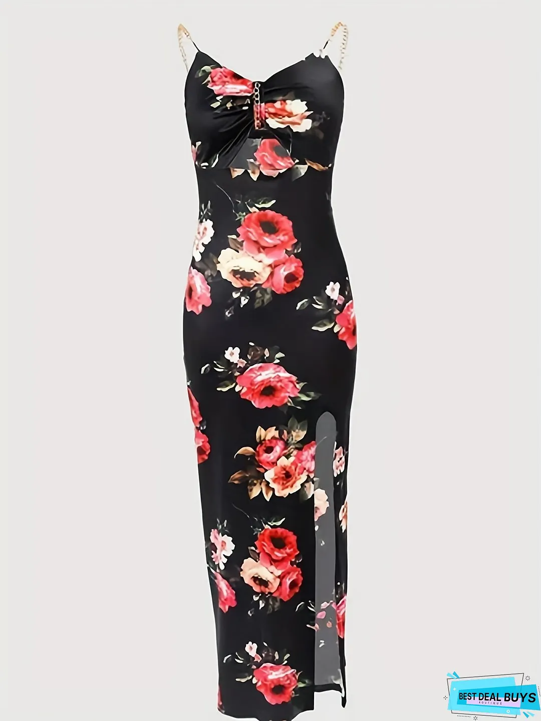 Floral Print Chain Strap Dress, Sexy Cut Out Sleeveless Bodycon Dress, Women's Clothing