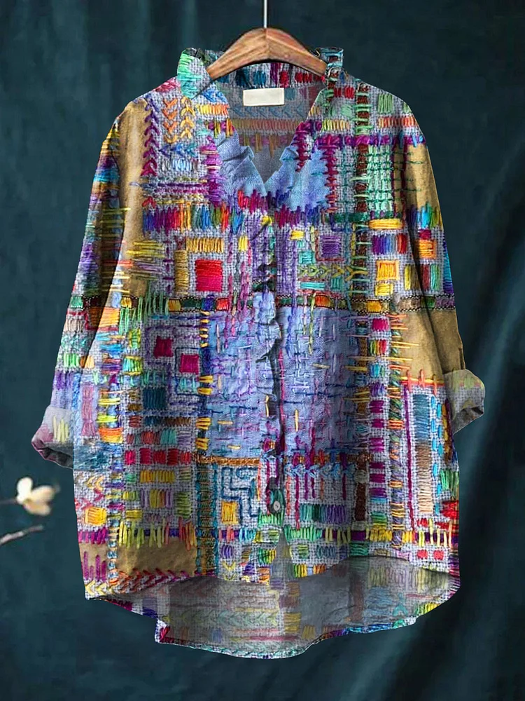 Women's Vintage Geometric Patchwork Pattern Art Print Casual Cotton And Linen Ruffle Shirt