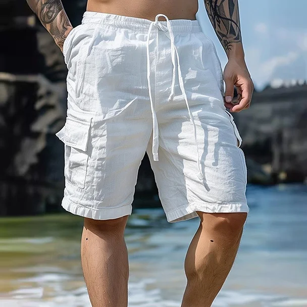  Men's Casual White Cargo Shorts with Adjustable Drawstring for Summer Beachwear