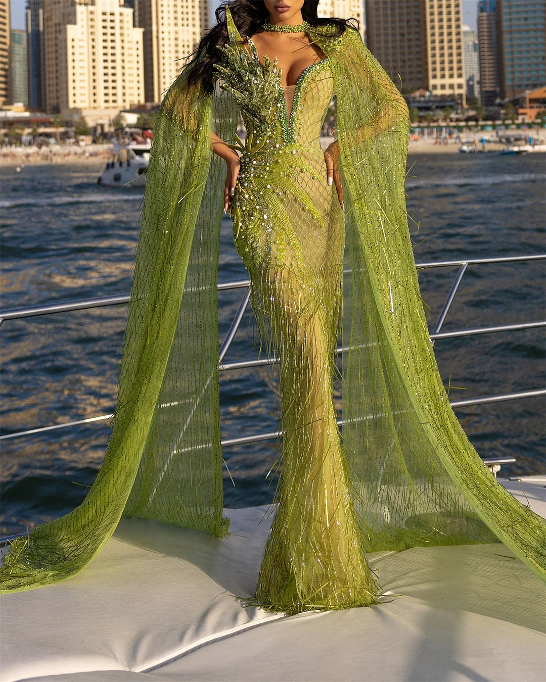 Women's Green Mesh Tassel Evening Dress