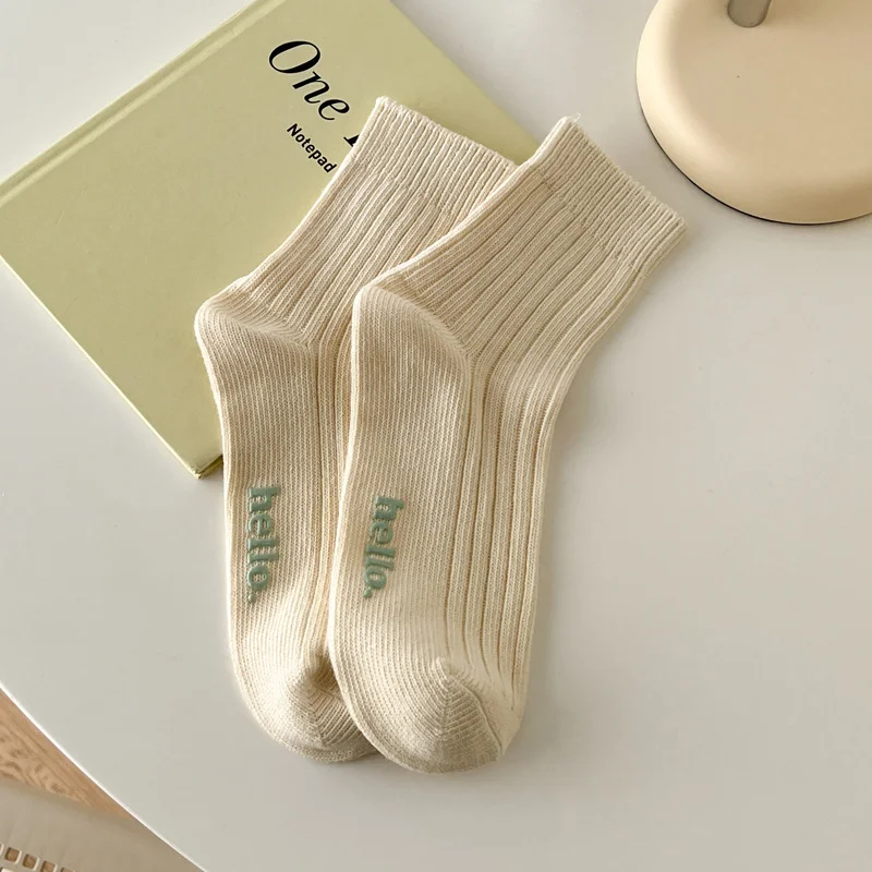 Hot Stamping Macaron Cream Colored Medium Tube Cotton Socks