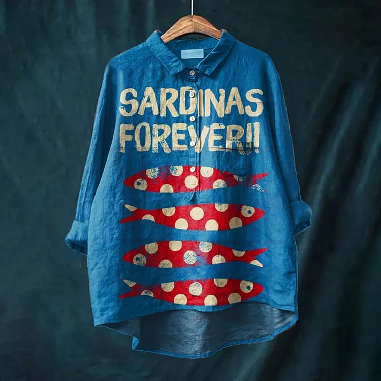 Women's Creative Sardinas Forever Casual Art Print Casual Lapel Blouse