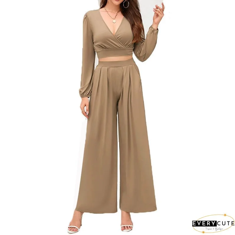 Plus Size Women V-neck long-sleeved Top and high-waisted loose wide-leg pants two-piece set