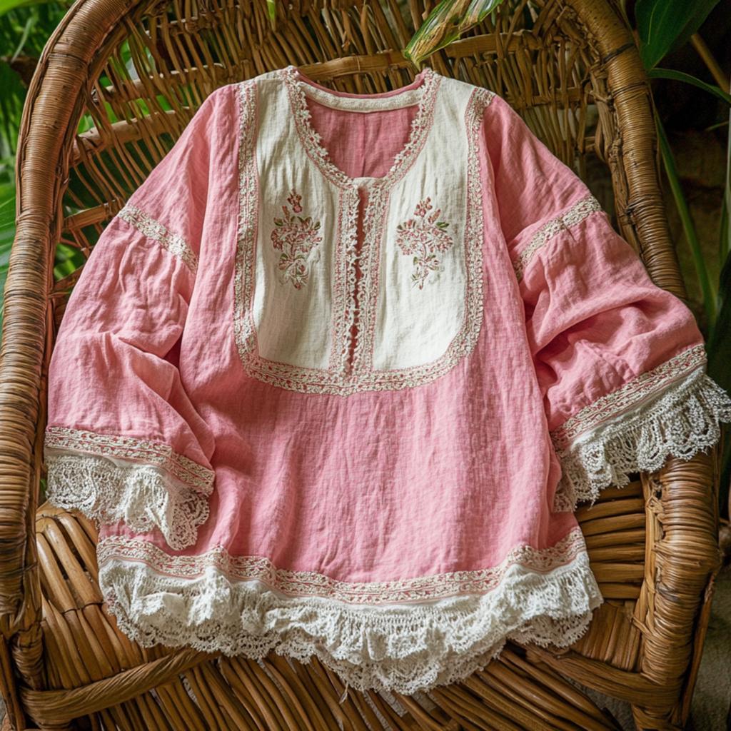  Vintage Lace Trimmed Blouse with Elegant Crochet Details