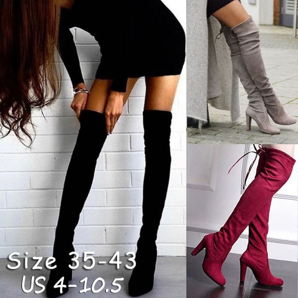 New Women's Over Knee High Boot Lace Up High Heel Faux Suede Long Thigh Boots Shoes Black Gray Red Plus Size