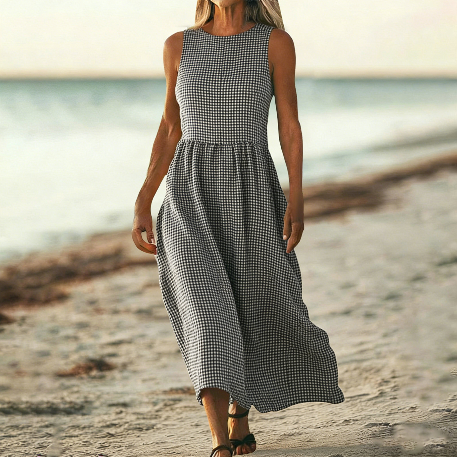 Women's Plaid Pattern Linen Blend Sleeveless Dress elevenforest