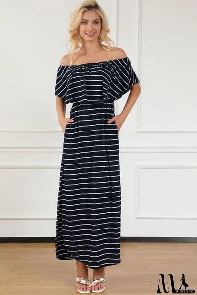 Striped Off-Shoulder Slit Dress