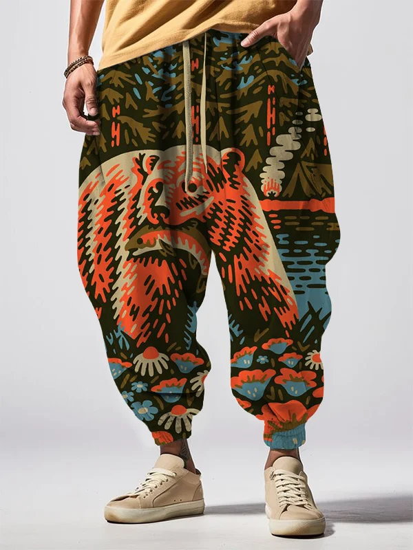 Men's Retro Brown Bear Forest Fish Catching Print Loose Drawstring Waist Sweatpants