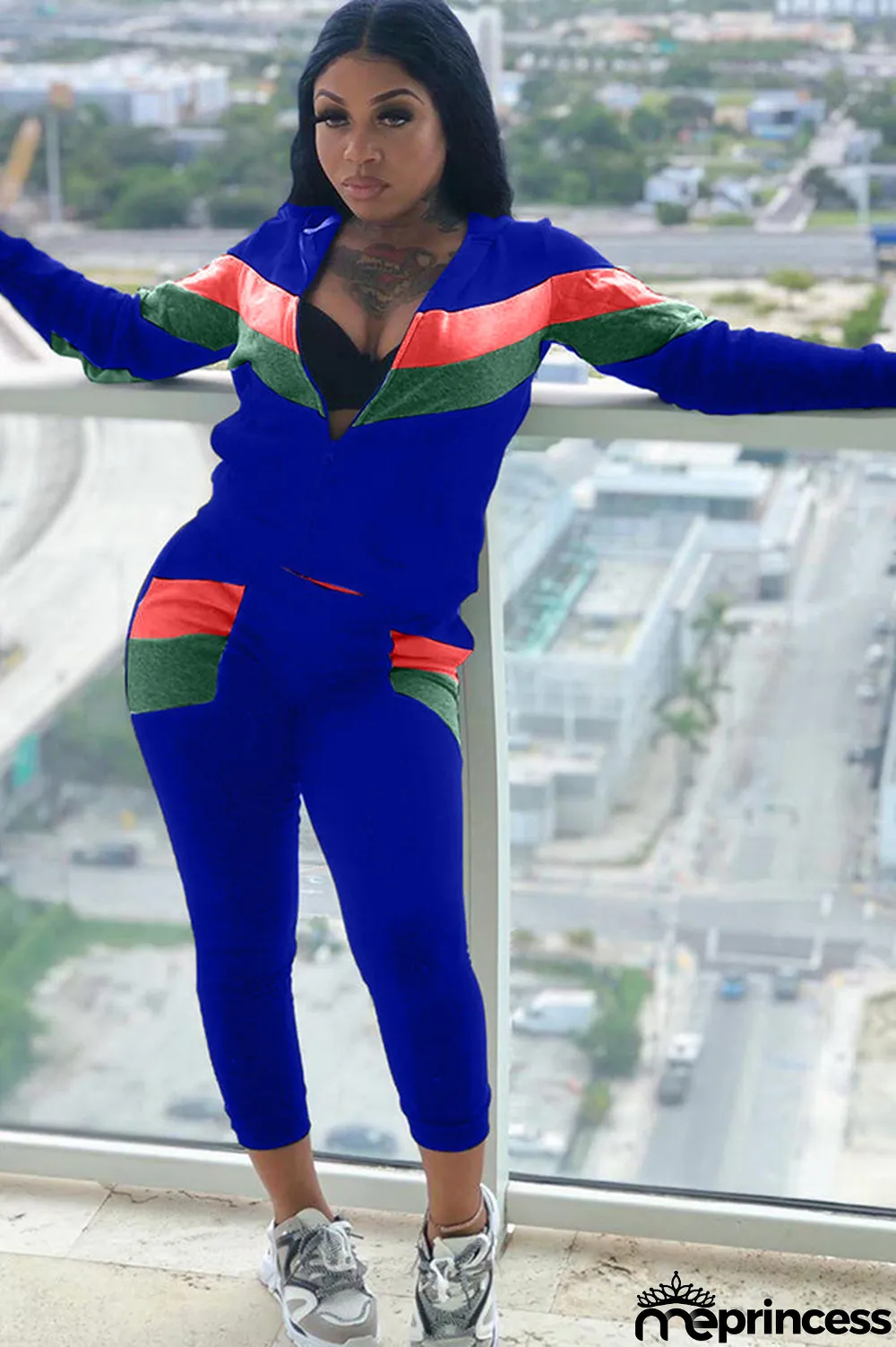 Blue Polyester Casual Two Piece Suits Patchwork Striped Straight Long Sleeve Two-piece Pants Set