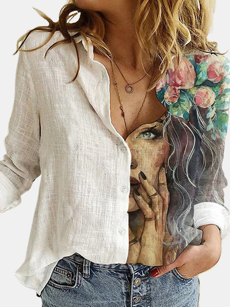 Fashion Vintage Lapel Elegant Print Casual Office Blouses Top