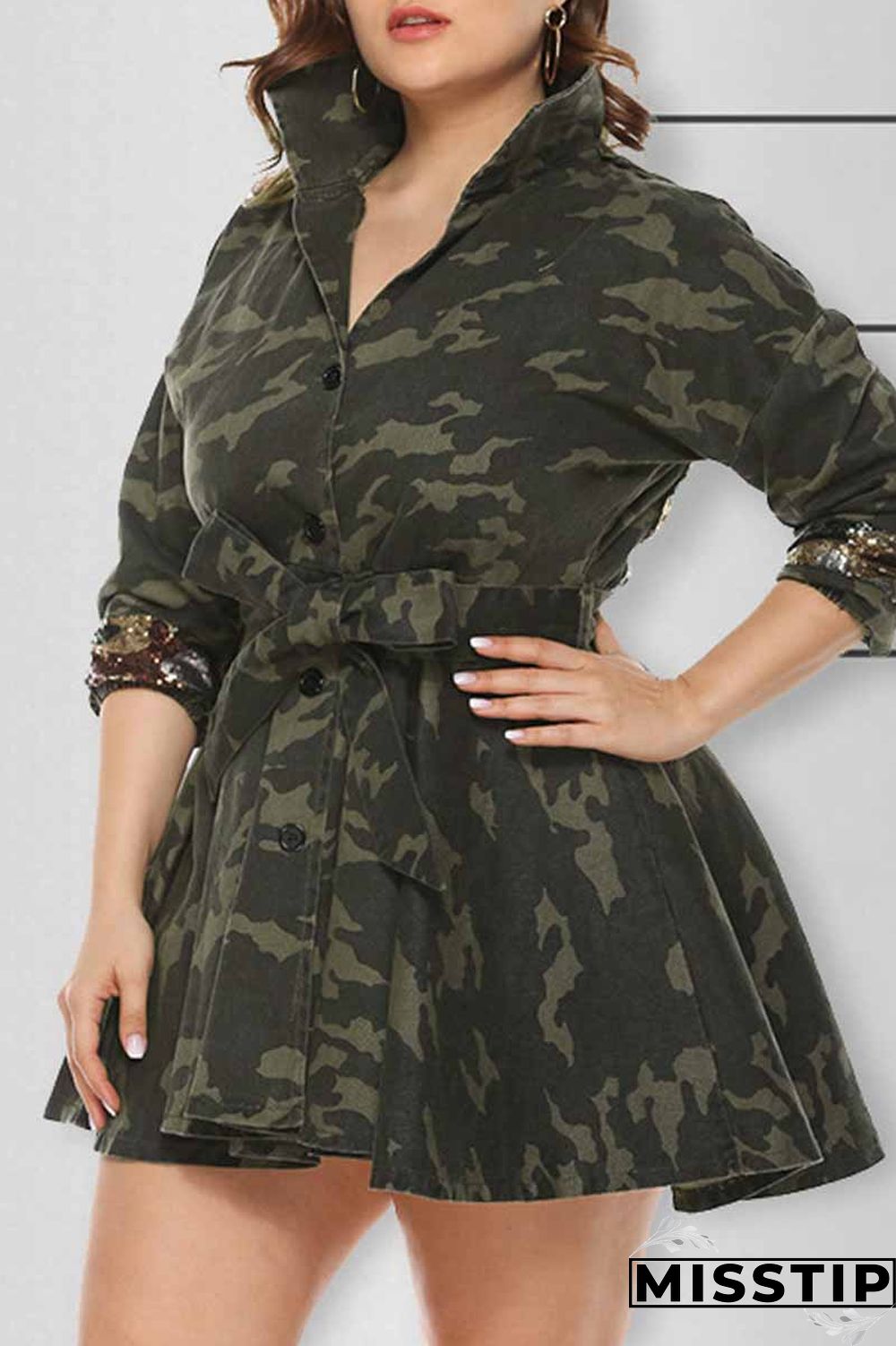 Camouflage Fashion Casual Camouflage Print Patchwork With Belt Turndown Collar Plus Size Overcoat