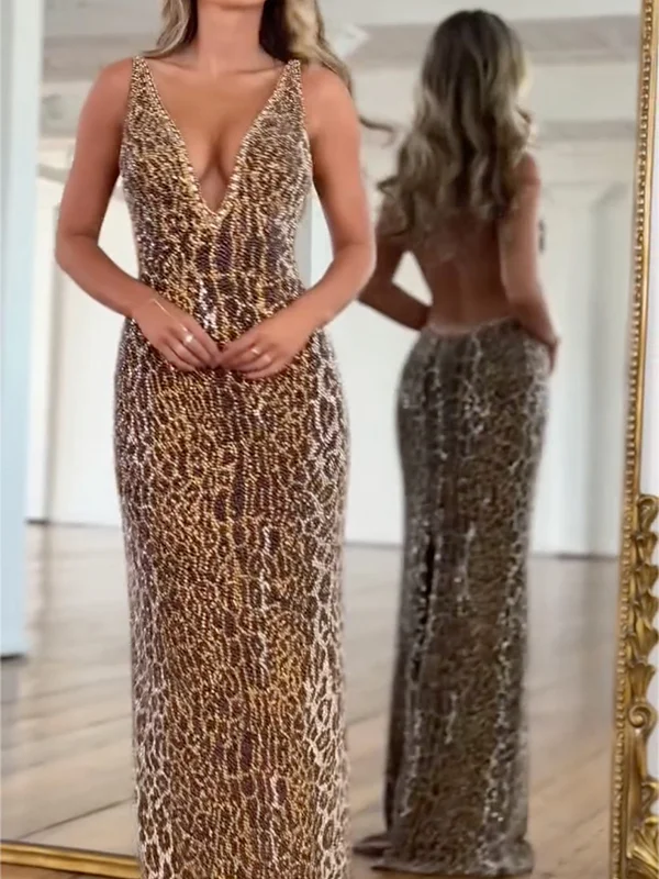 Leopard Sequinned Beaded Sleeveless Spaghetti-Neck Evening Maxi Dresses