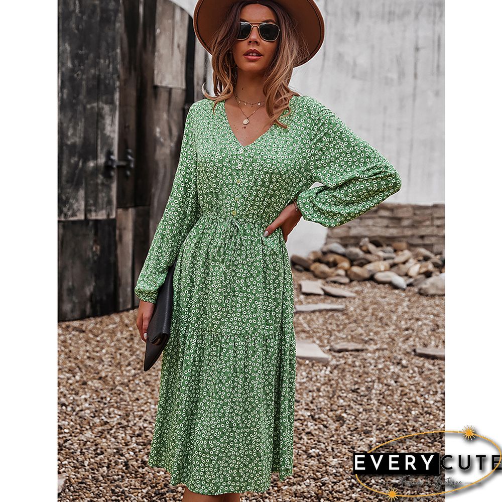 Light Green Floral Print V Neck Long Sleeve Dress