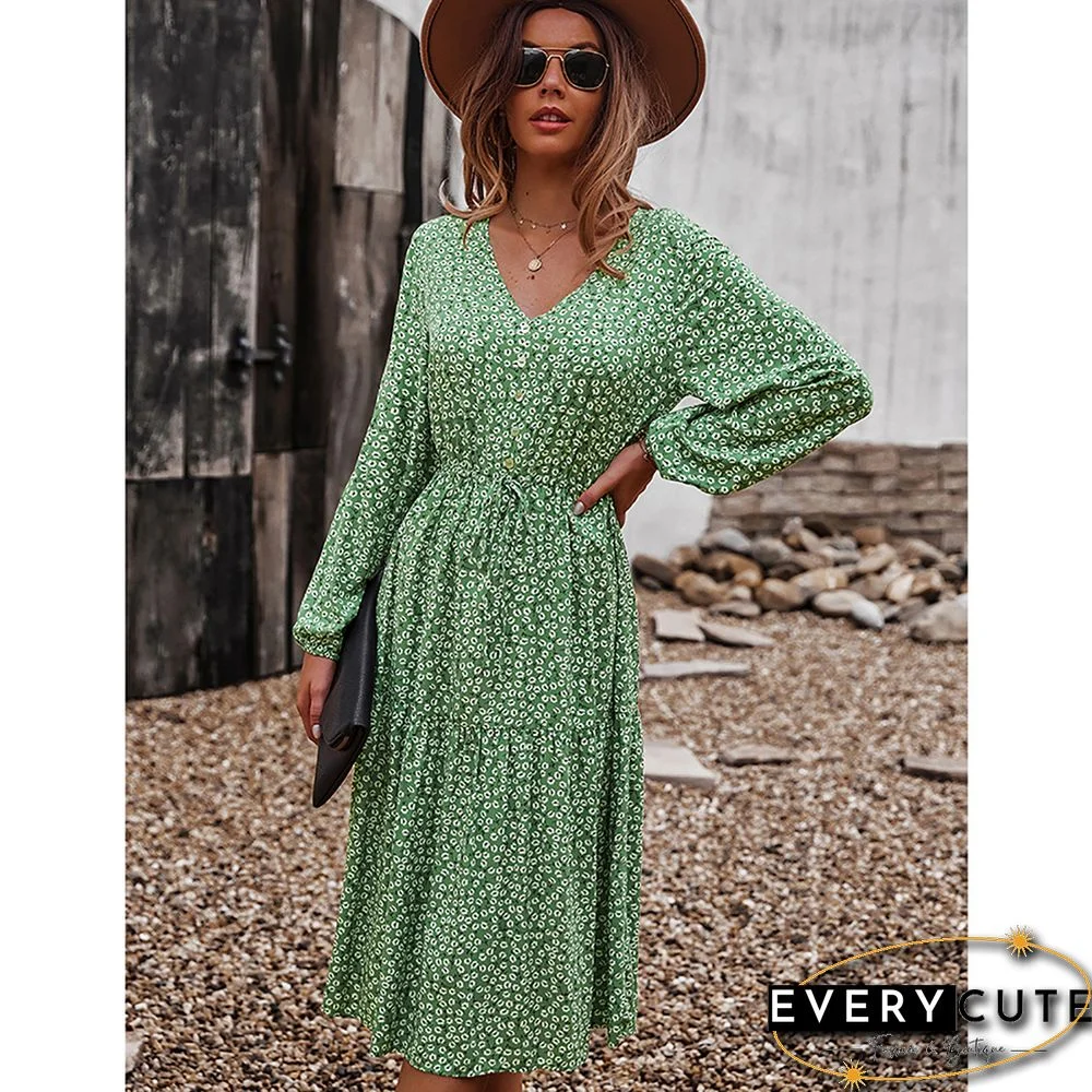 Light Green Floral Print V Neck Long Sleeve Dress