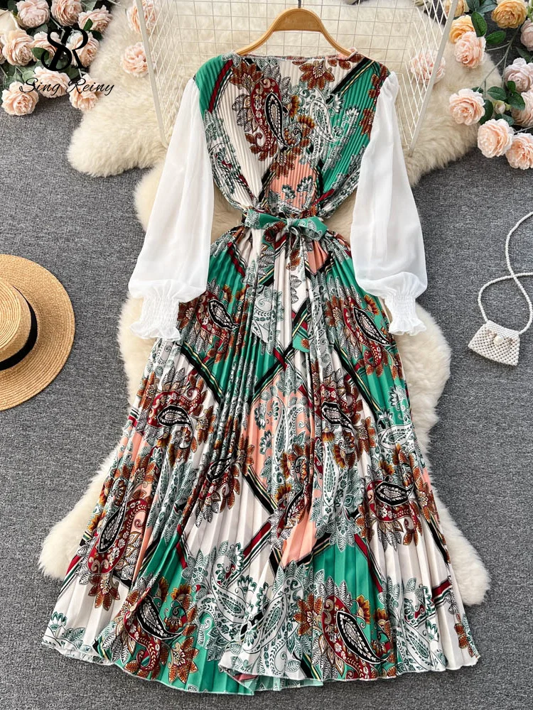 Huibahe Ethnic Style Print Dress Women Spring New Fashion Puff Sleeve Lace-up Design Sheath 2024 Retro A-Line Long Dress