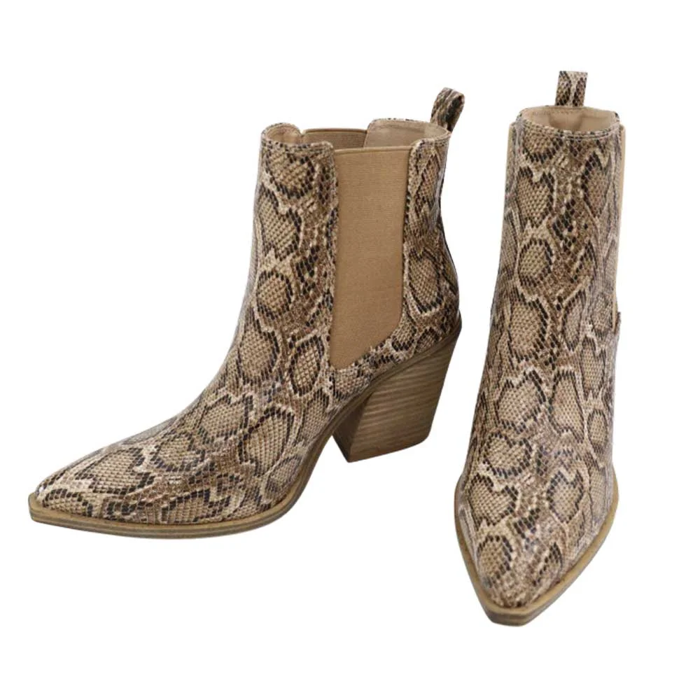 Brown Pointed Toe Chunky Heel Snakeskin Print Boots for Women