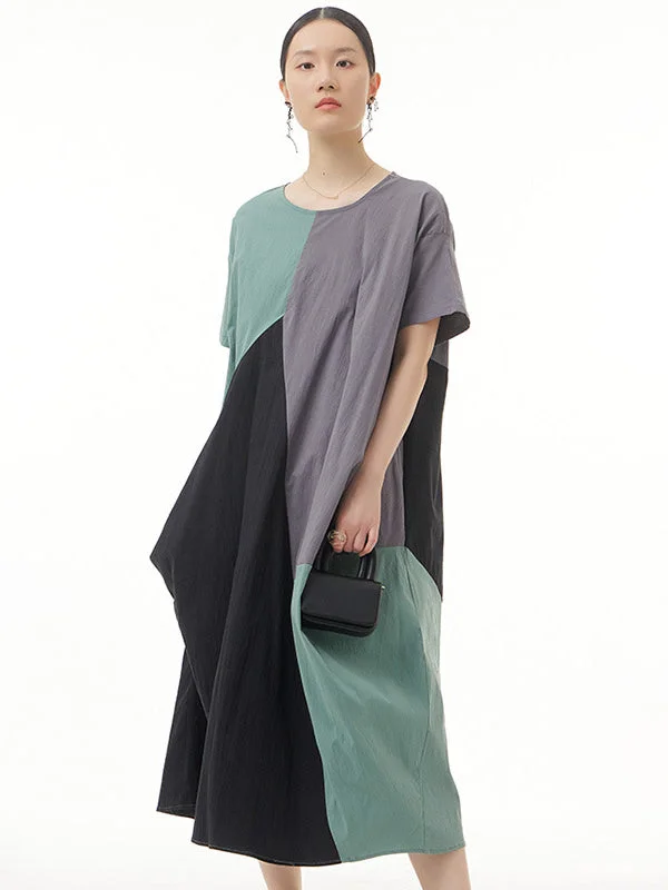 Casual Loose Cotton Contrast Color Split-Joint Irregular Midi Dress