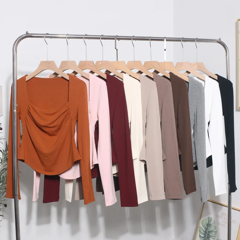 Brownm French Style Long-Sleeved T-Shirt Girl Autumn And Winter Collar Folded Folded Body Inside The Bottom Shirt Top 1665