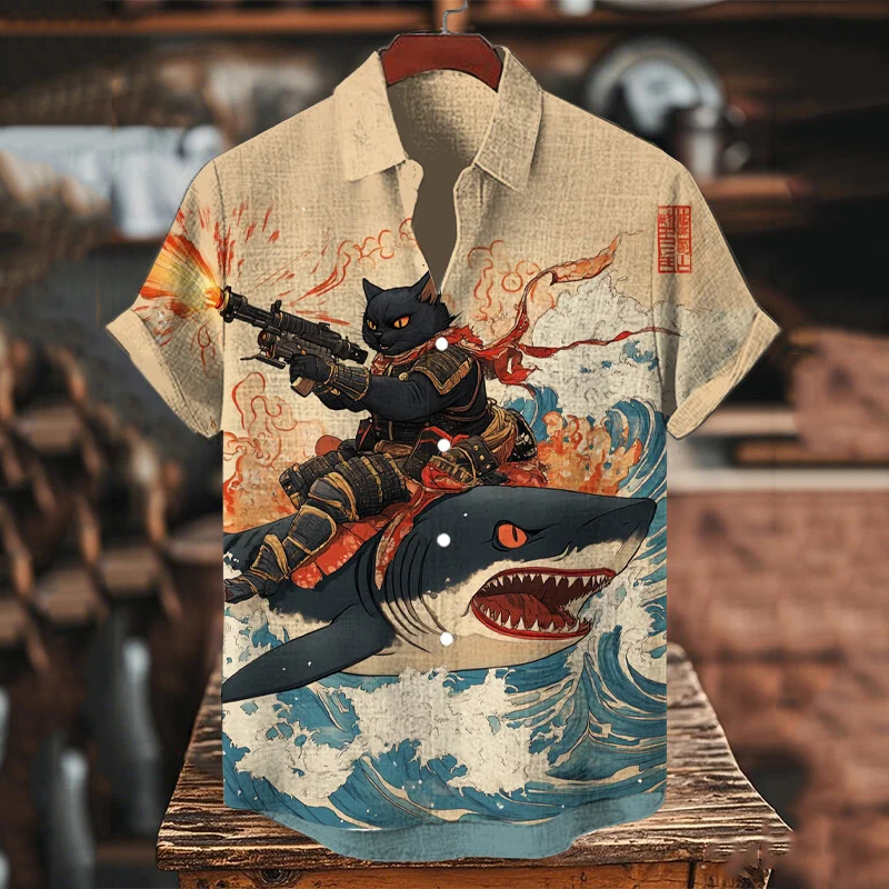 Men's Black Cat Warrior Riding A Shark Shooting Art Print Casual Shirt