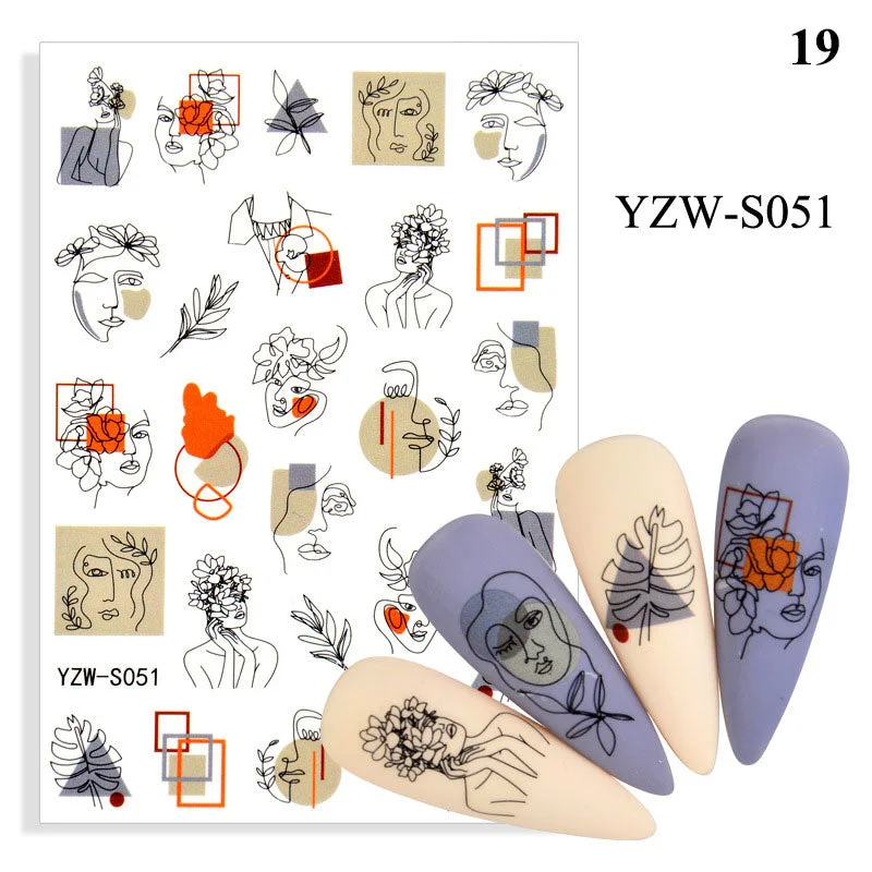 1 Sheet Human Face Nail Stickers And Decals 2021 Nail Art Decorations Set Geometric Pattern Dried Flowers Sliders For Nails Art-Nail Inspo