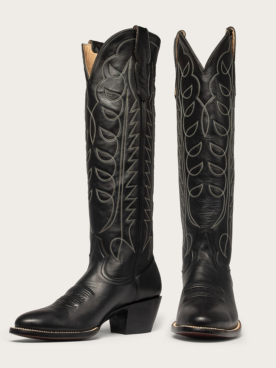 Black Vegan Leather Embroidered Wide Calf Knee High Cowgirl Boots With Chunky Heels