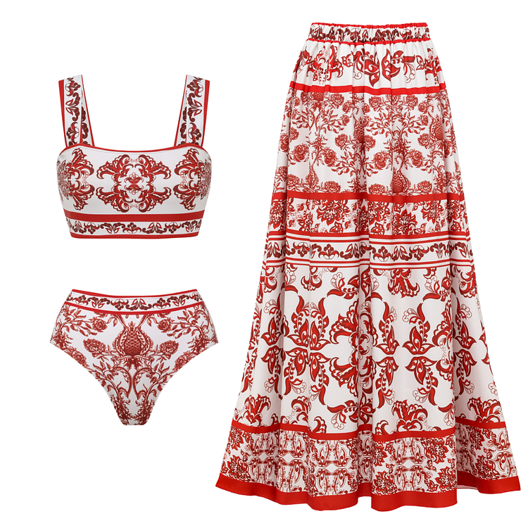 Red Flower Totem Pattern Print Bikini and Skirt