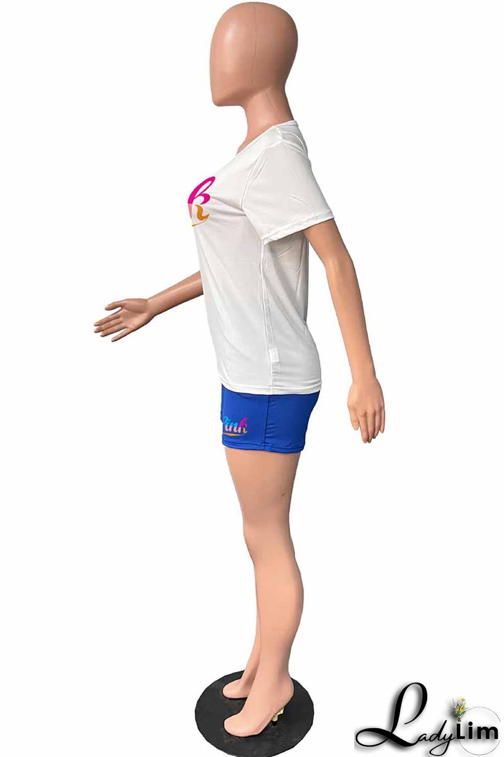 Pink Casual Print Letter O Neck Short Sleeve Two Pieces