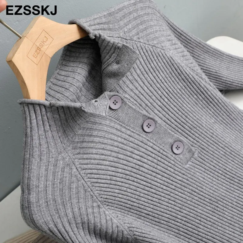 autumn winter thick women's sweater 2020 loose warm oversize Sweater Pullover button women's turtleneck sweater long sleeve