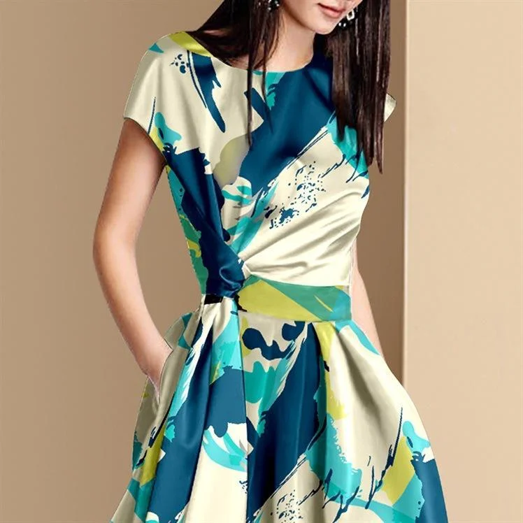 Temperament short-sleeved midi waist a-line skirt dress