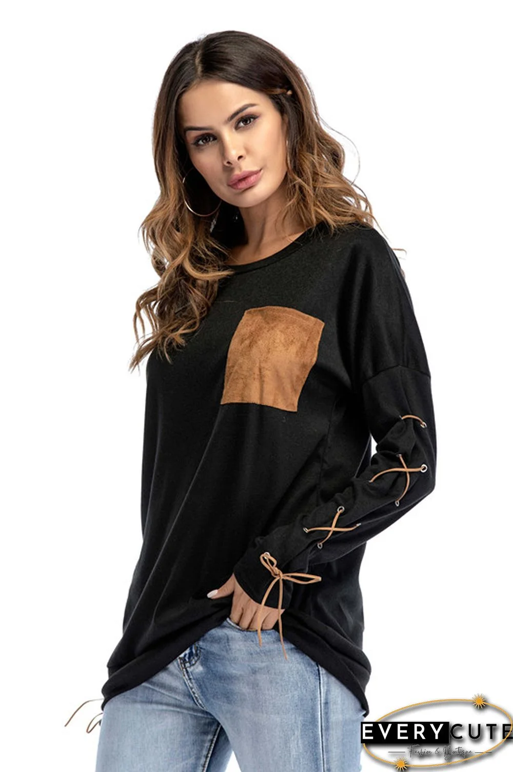 Black Lace up Sleeve Front Pocket Women’s Casual Top