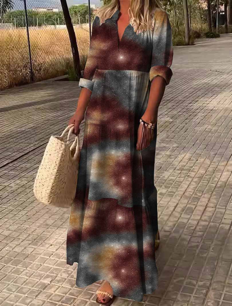 Women Glitter,Brown DZDN0032 SPU Printed Long Sleeve V-neck Maxi Dress